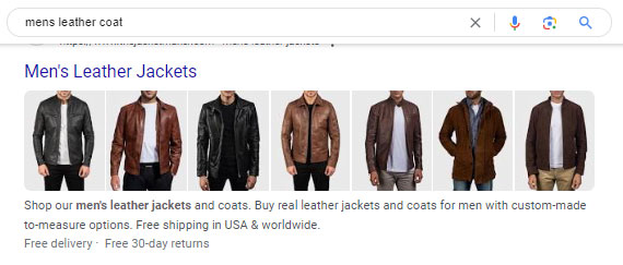 Example of search results from a catalog data mark up